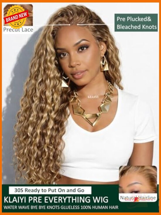 13x4 Lace Front Wig Human Hair Drawstring Water Wave Curly Pre-Plucked Bleached main image 5